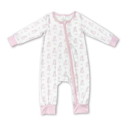Pink long sleeves dog baby girls zipper romper