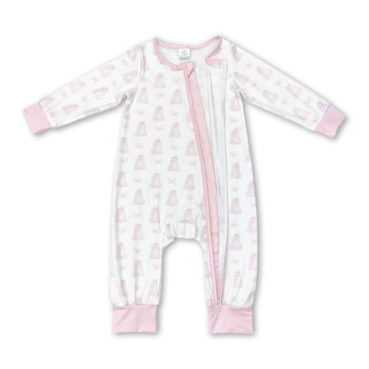 Pink long sleeves dog baby girls zipper romper