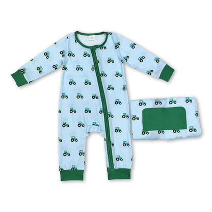Long sleeves green tractor baby boy zipper farm romper