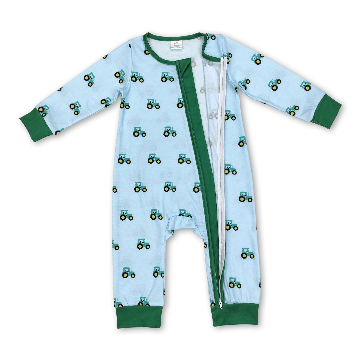 Long sleeves green tractor baby boy zipper farm romper