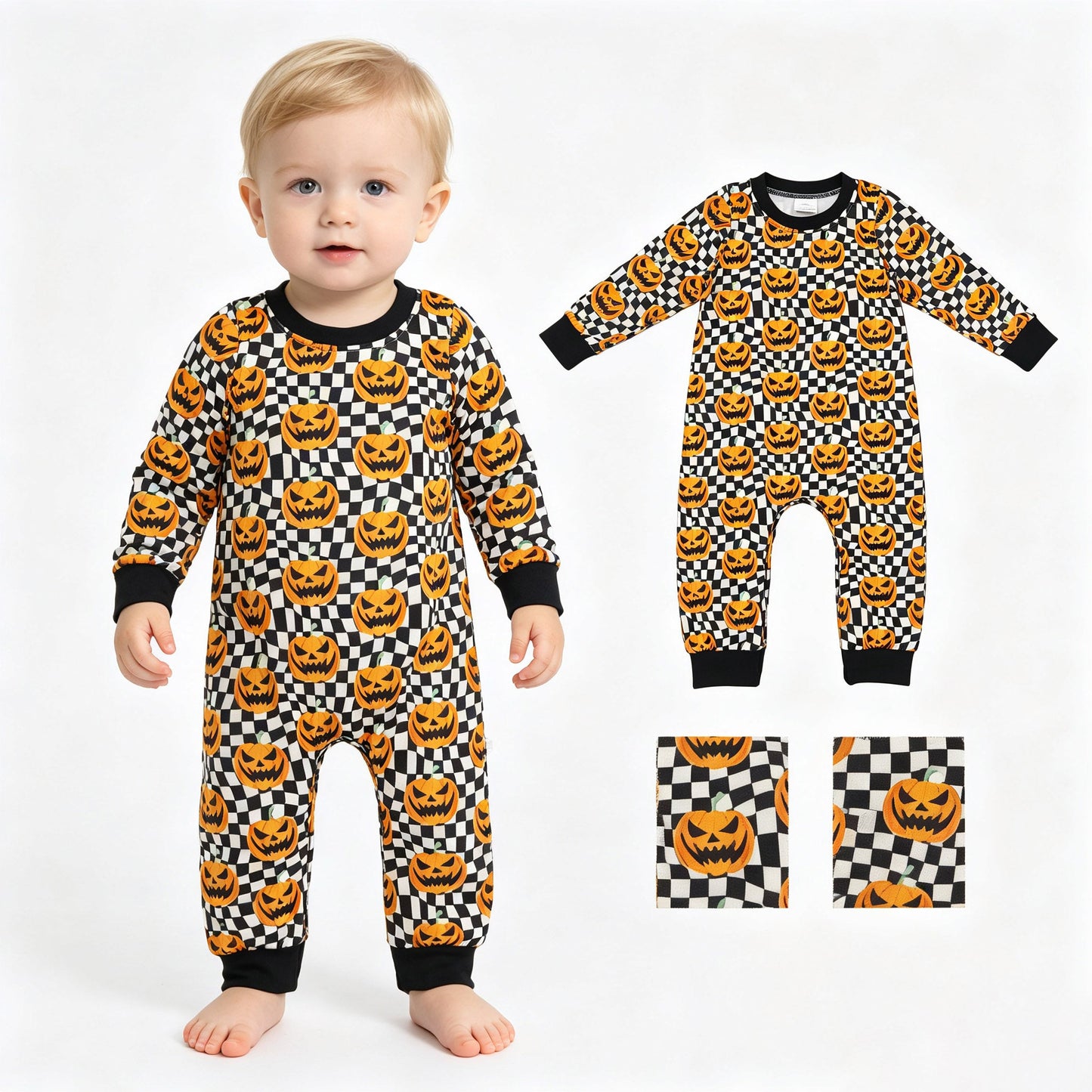 Long sleeves black plaid pumpkin boy Halloween romper