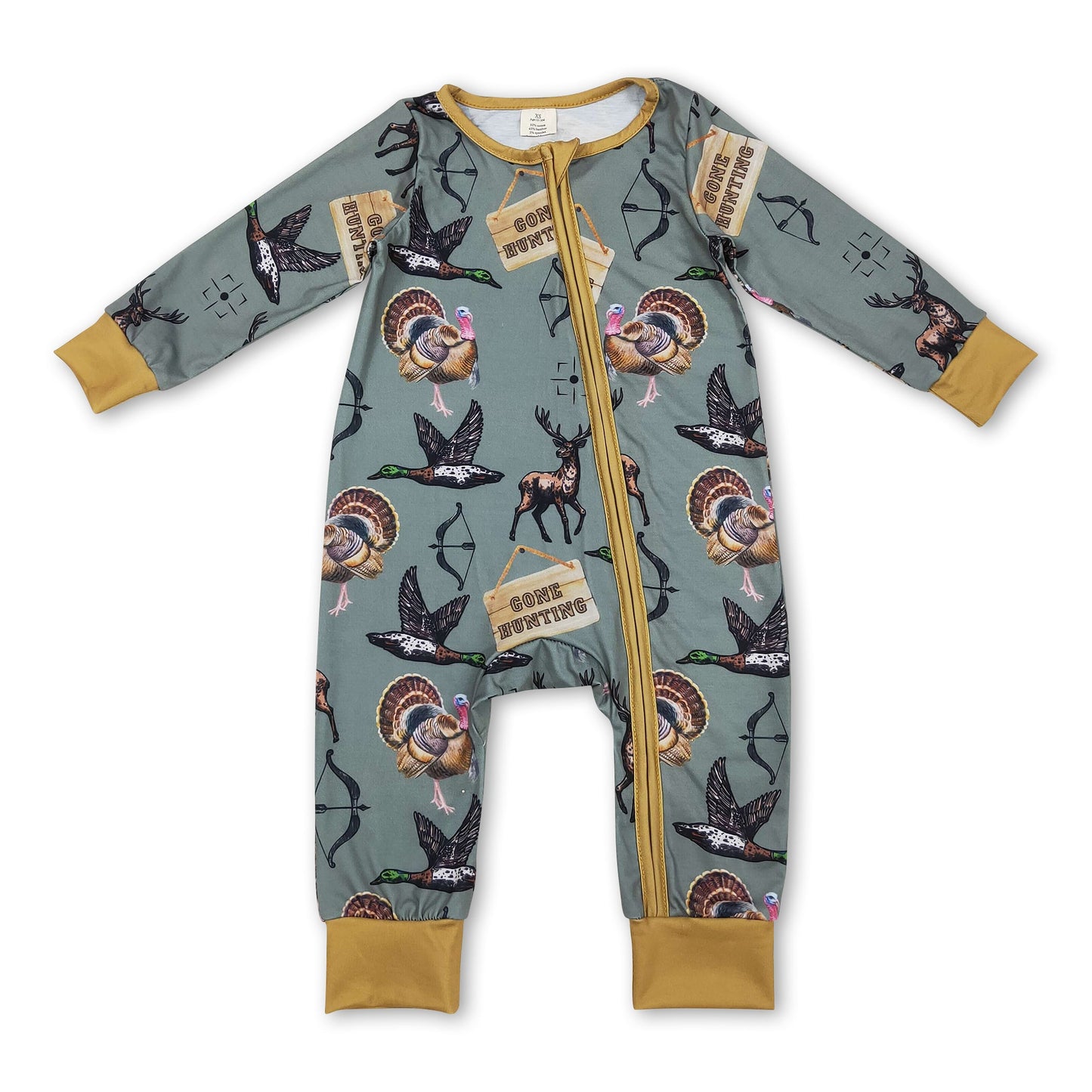 Gone hunting duck deer turkey baby boy zipper romper