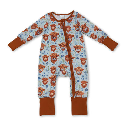Highland cow floral western baby girls zipper romper