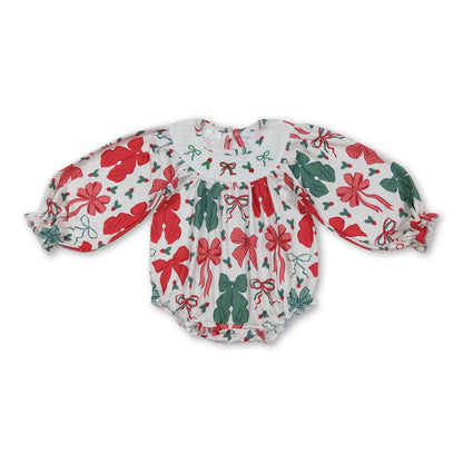 Green red bows smocked girls Christmas romper