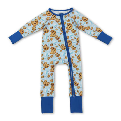 Long sleeves cookie milk blue baby boy Christmas zipper romper
