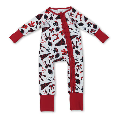 Long sleeves red ruffle bow football baby girls zipper romper