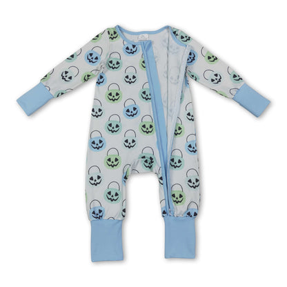 Light blue pumpkin basket baby boy Halloween zipper romper