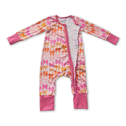 Long sleeves pink ruffle bows baby girls zipper romper