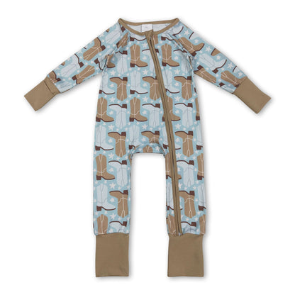 long sleeves blue western boots stars baby romper