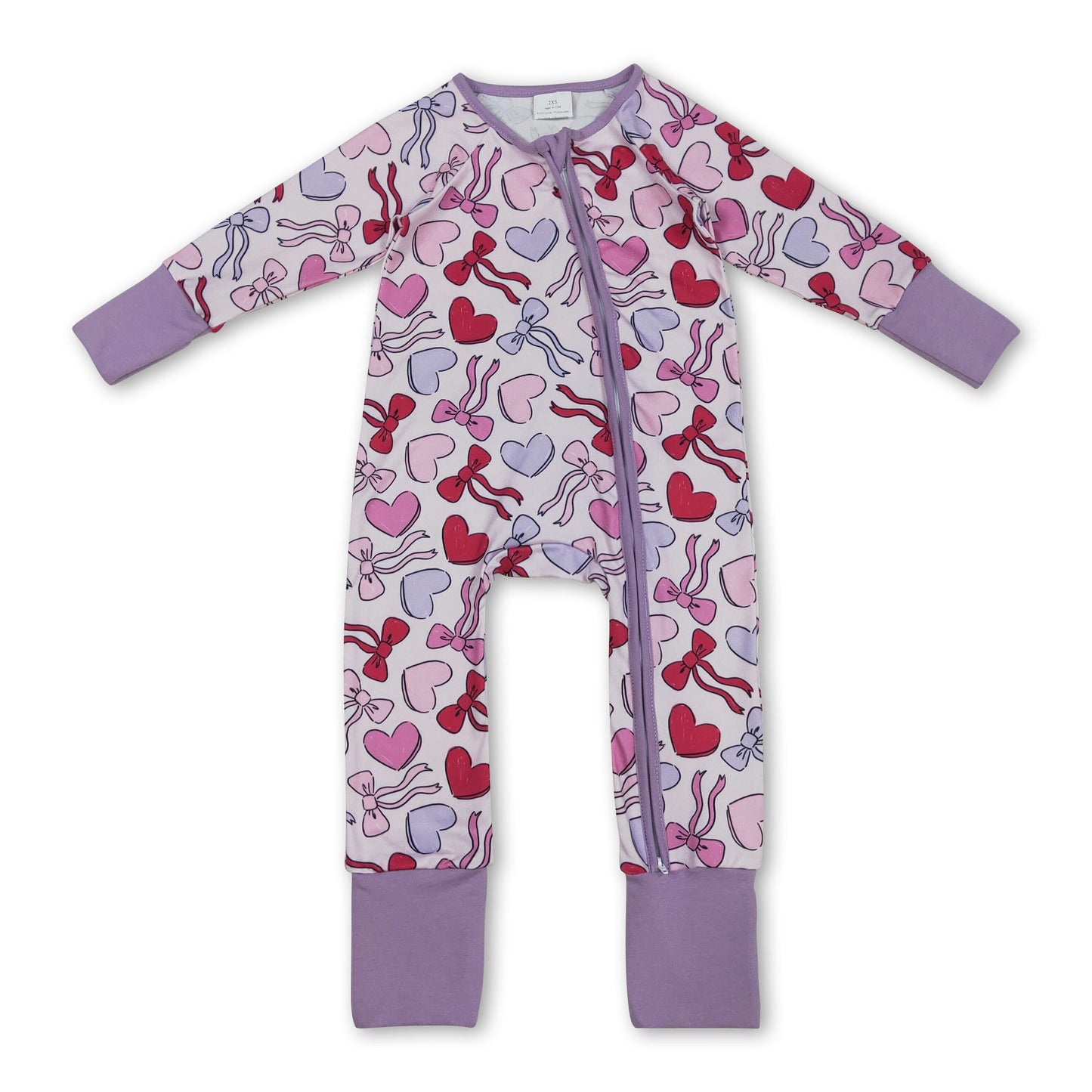Long sleeves lavender heart bow baby Valentine's romper