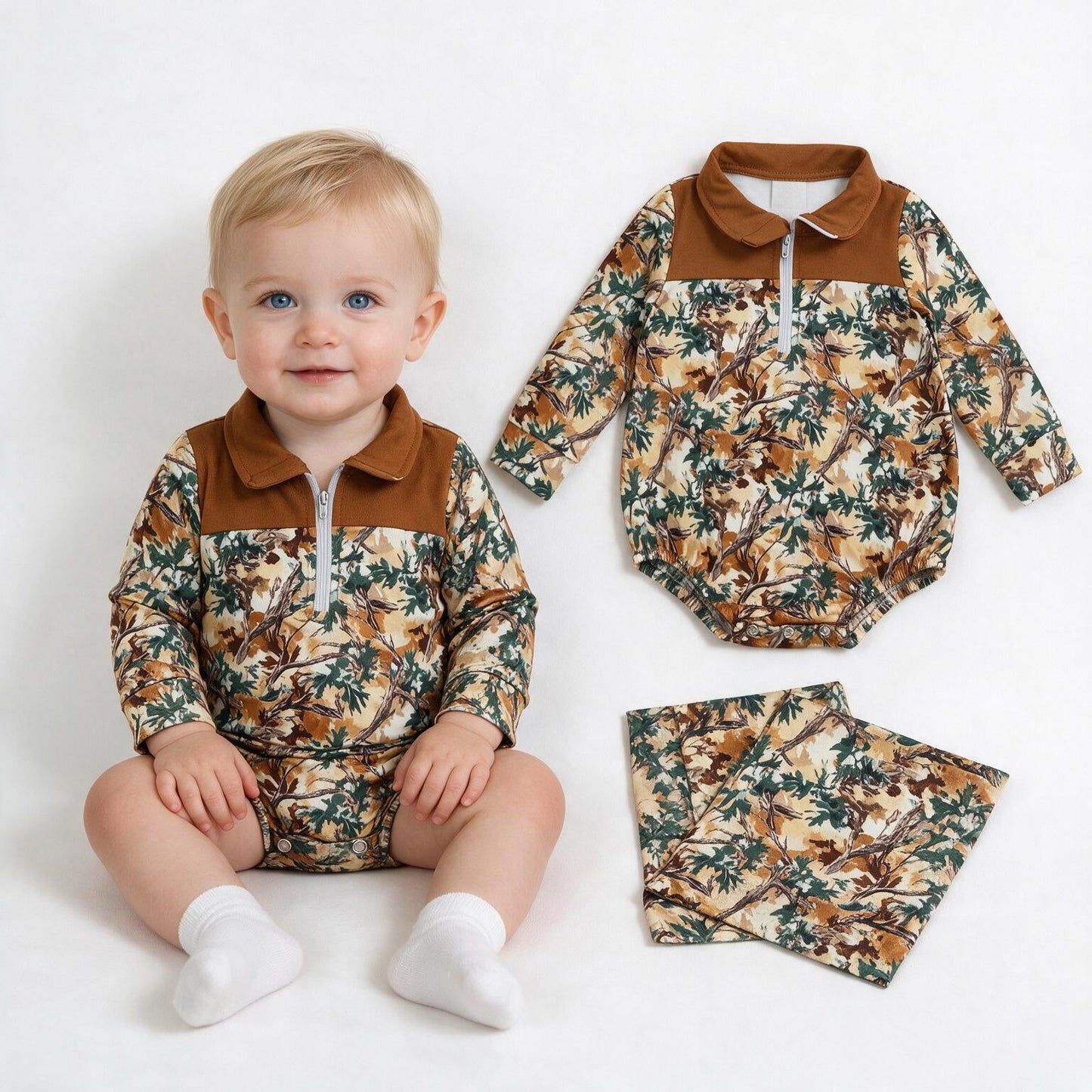 Long sleeves brown camo baby boy fall romper