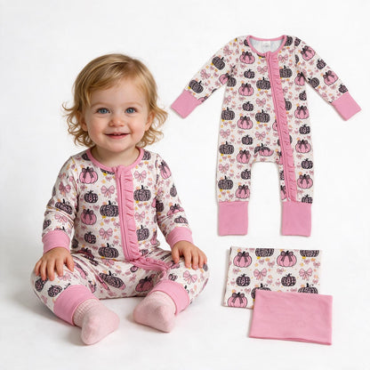 Long sleeves leopard pink bow baby girls fall zipper romper