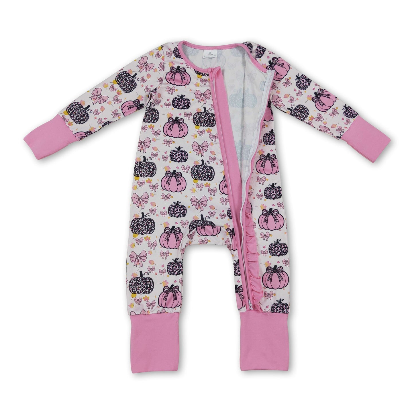 Long sleeves leopard pink bow baby girls fall zipper romper