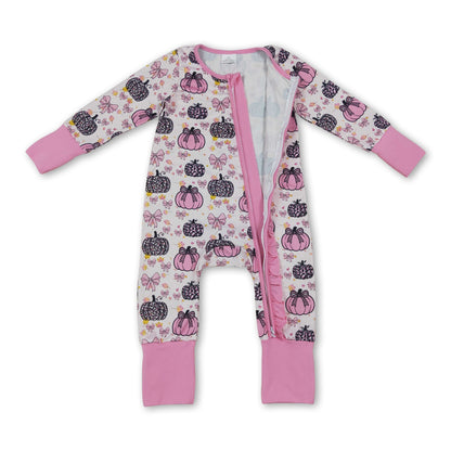 Long sleeves leopard pink bow baby girls fall zipper romper