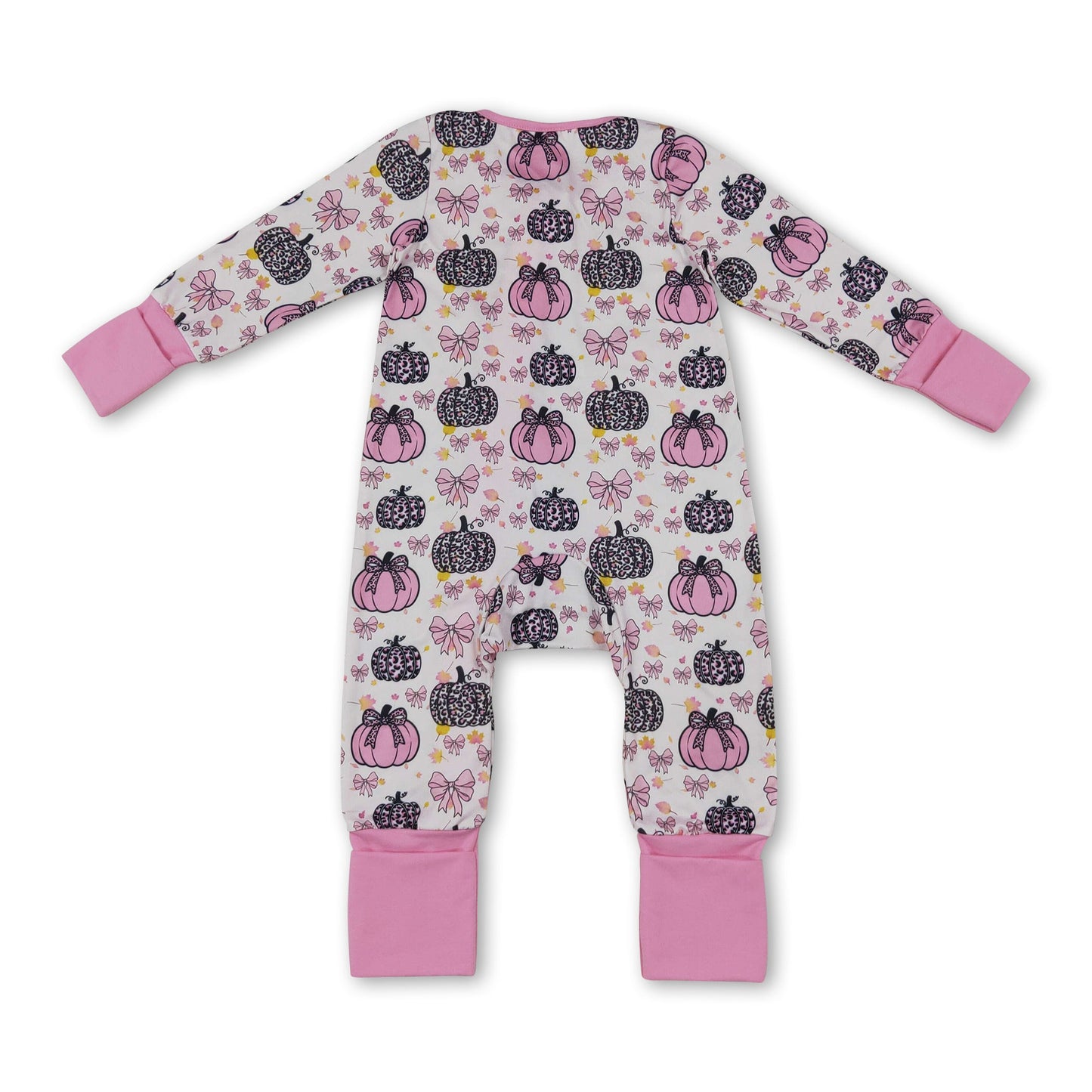 Long sleeves leopard pink bow baby girls fall zipper romper