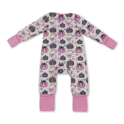 Long sleeves leopard pink bow baby girls fall zipper romper