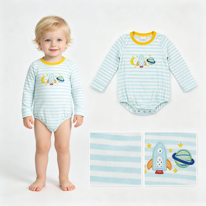 Stripe moon rocket embroidery baby boy romper