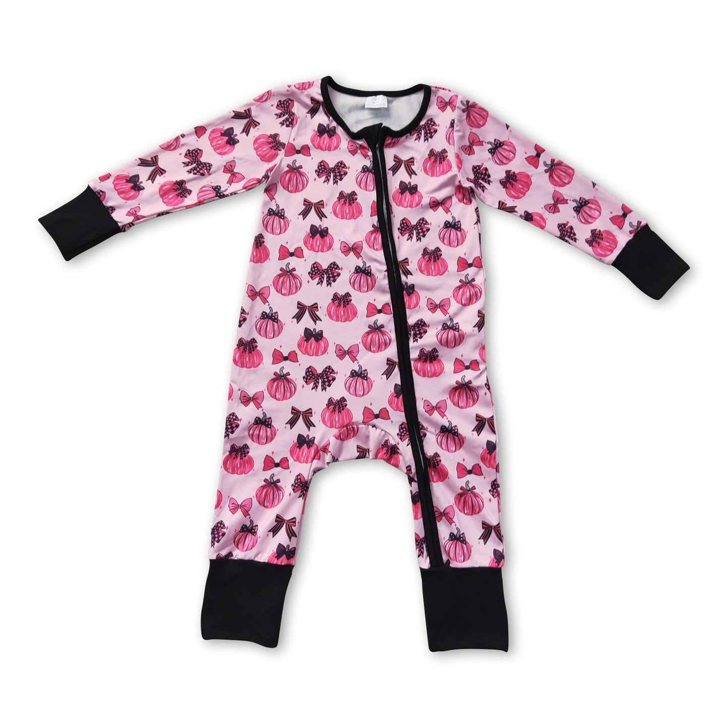 Long sleeves pink pumpkin bows baby fall zipper romper
