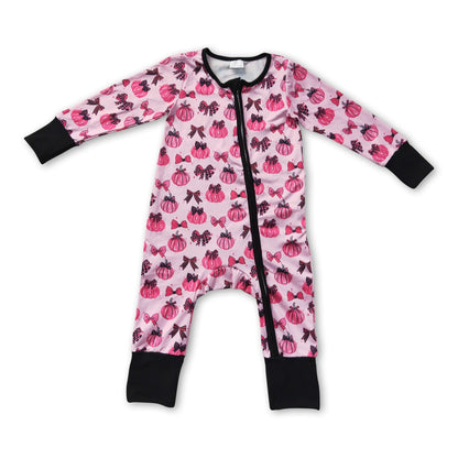 Long sleeves pink pumpkin bows baby fall zipper romper