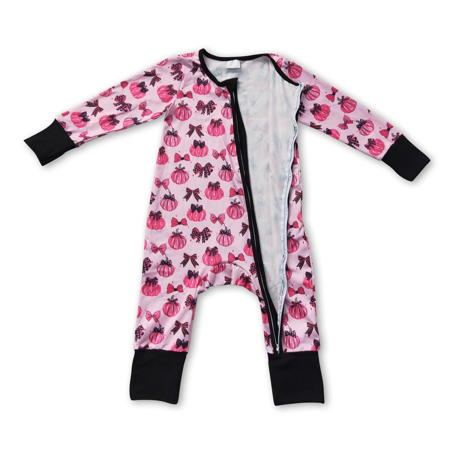 Long sleeves pink pumpkin bows baby fall zipper romper