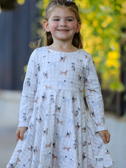 Fall Plaid Dog Print Girls Long Sleeve Twirl Dress