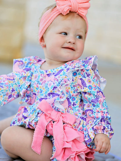 Unicorn Floral Print Girls Long Sleeve Romper
