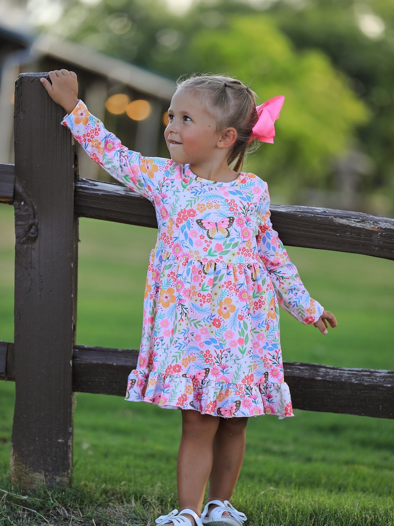 Fall Butterfly Floral Print Girls Ruffle Hem Twirl Dress