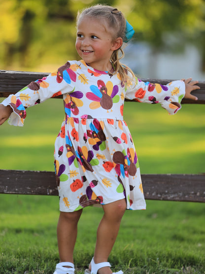 Thanksgiving Turkey Print Girls Dress