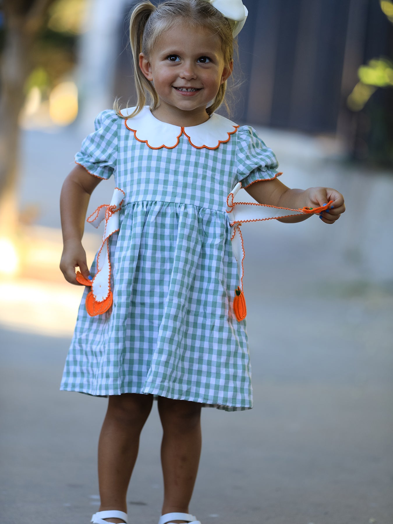 Fall Plaid Girls Dress Pumpkin Bow Smocked Peter Pan Collar