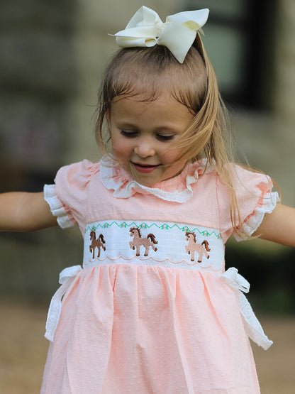 Western Horse Embroidery Girls Dress Lace Petals Collar Puff Sleeve