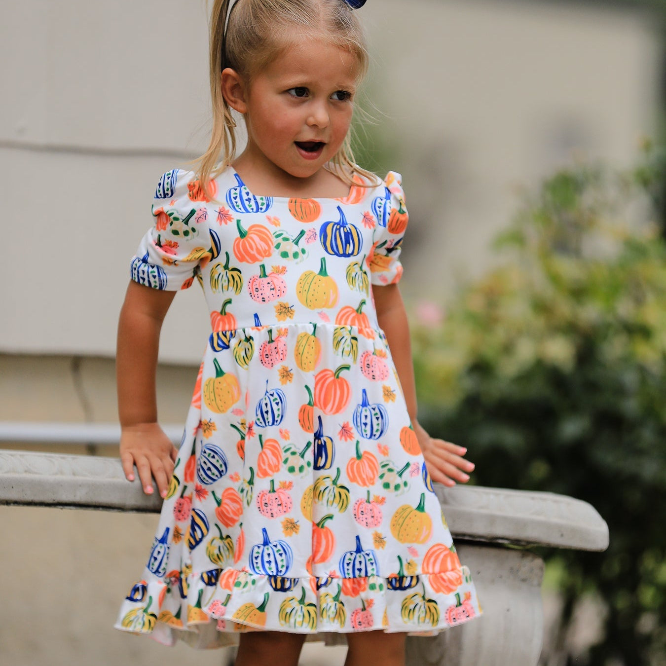 Halloween Pumpkin Print Girls Ruffle Hem Dress