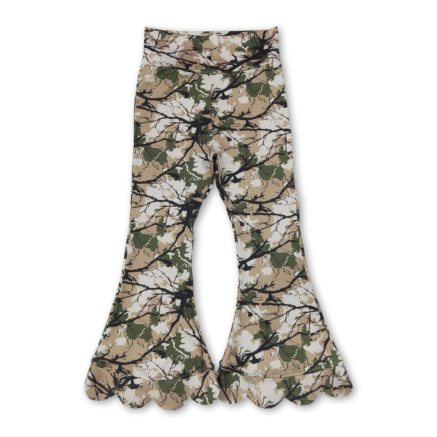 Green camo kids girls scallop bell bottom pants