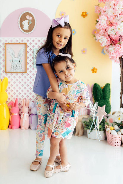Pastel Floral Bunnies 3/4 Sleeve Pocket Twirl Dress