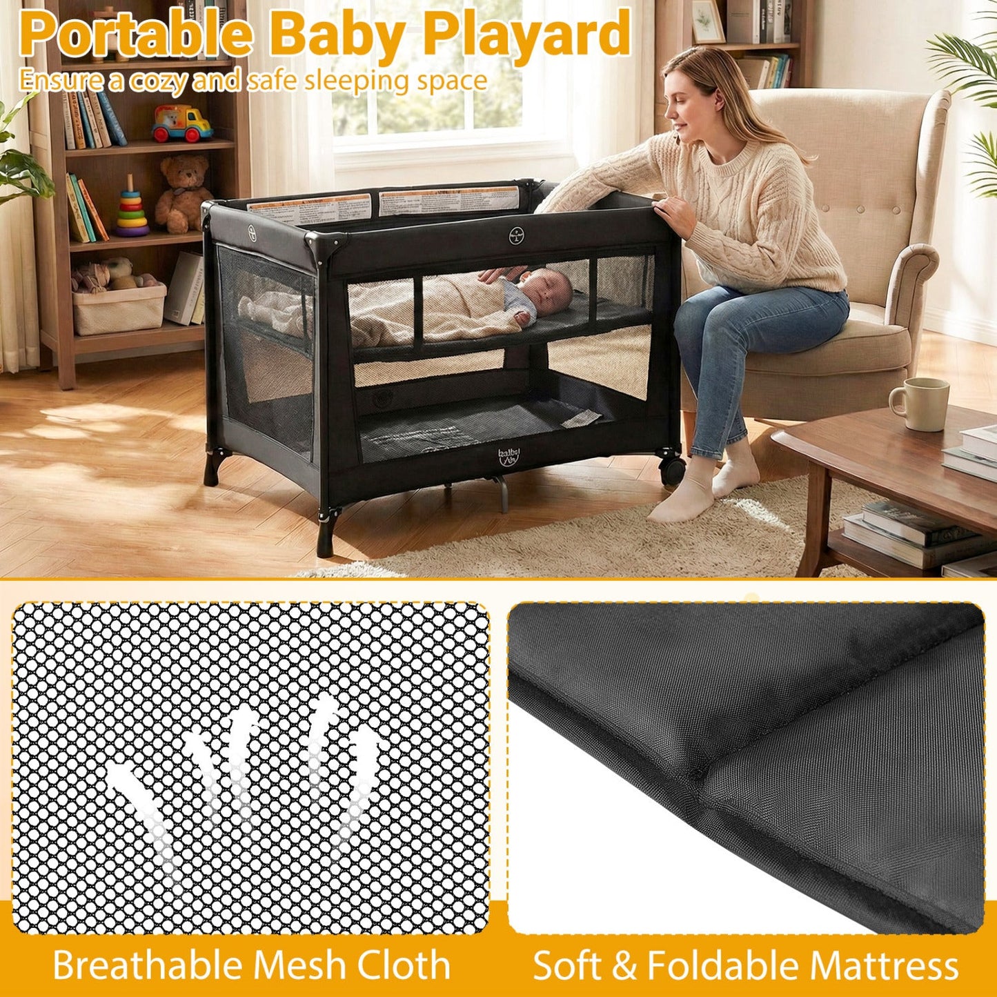 Portable Baby Playard Folding Travel Crib with Soft Mattress
