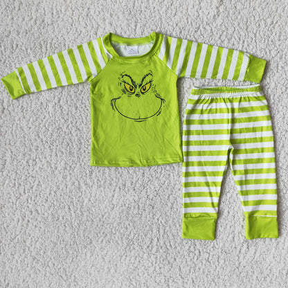 Green face screen print shirt stripe boy Christmas pajamas