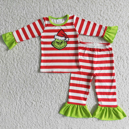 Red stripe green face girls Christmas pajamas