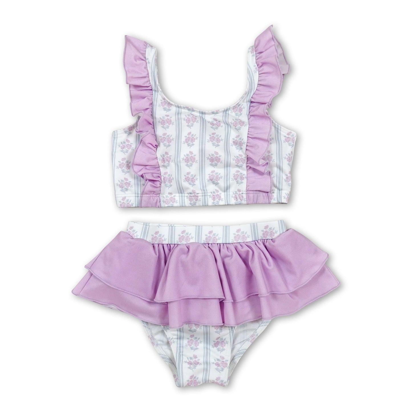 Flutter sleeves ruffle floral girls two pieces summer swimsuit