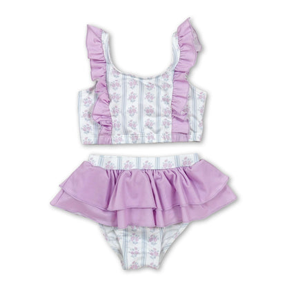 Flutter sleeves ruffle floral girls two pieces summer swimsuit
