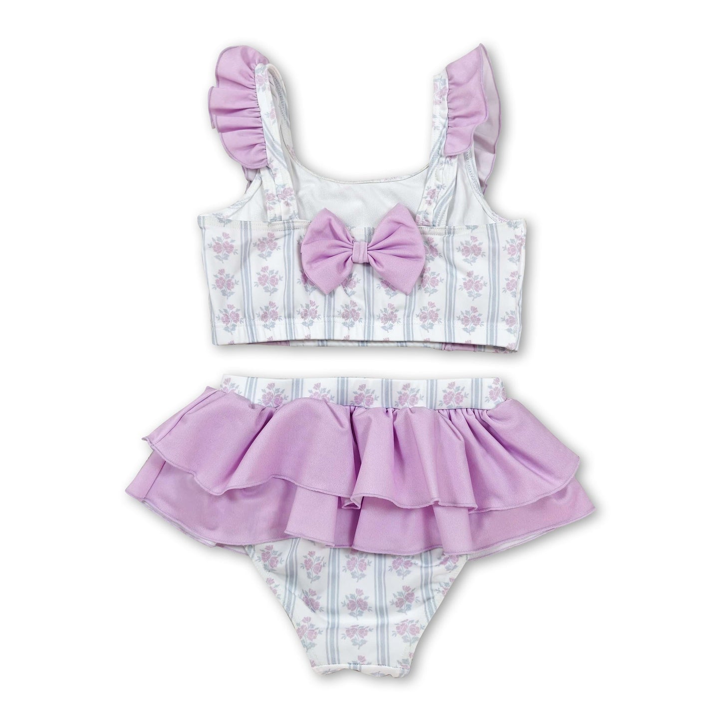 Flutter sleeves ruffle floral girls two pieces summer swimsuit