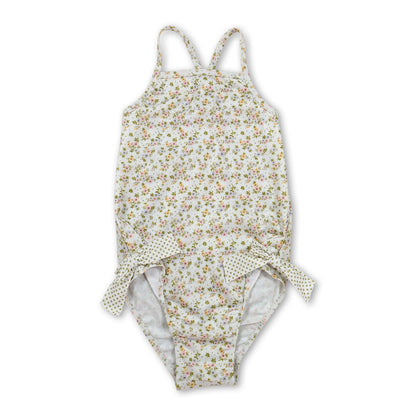 Straps floral bow baby girls one piece summer swimsuit