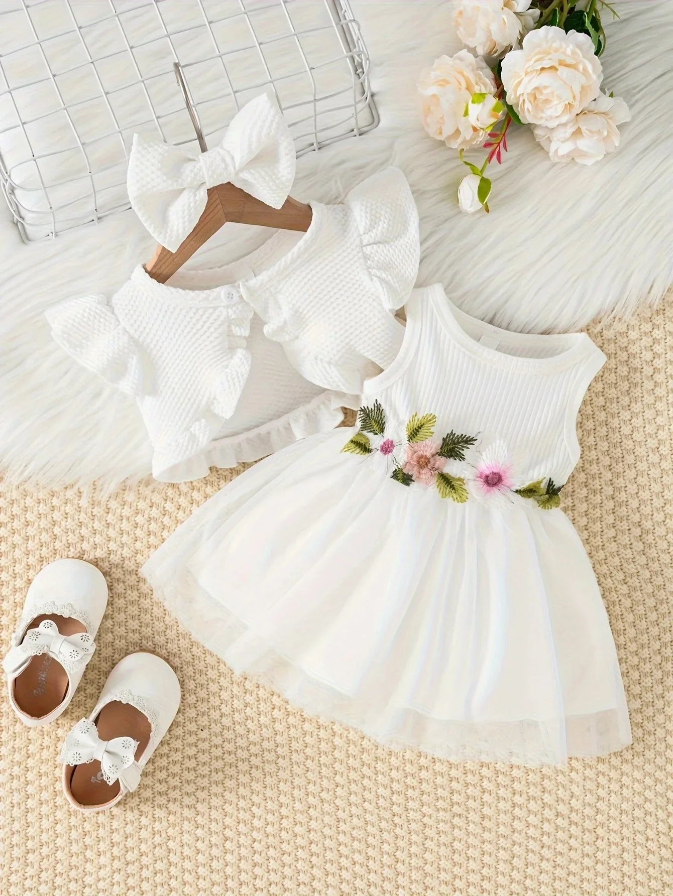Infant Summer Floral Vest Mesh Dress Jacket Set with Hair Accessories