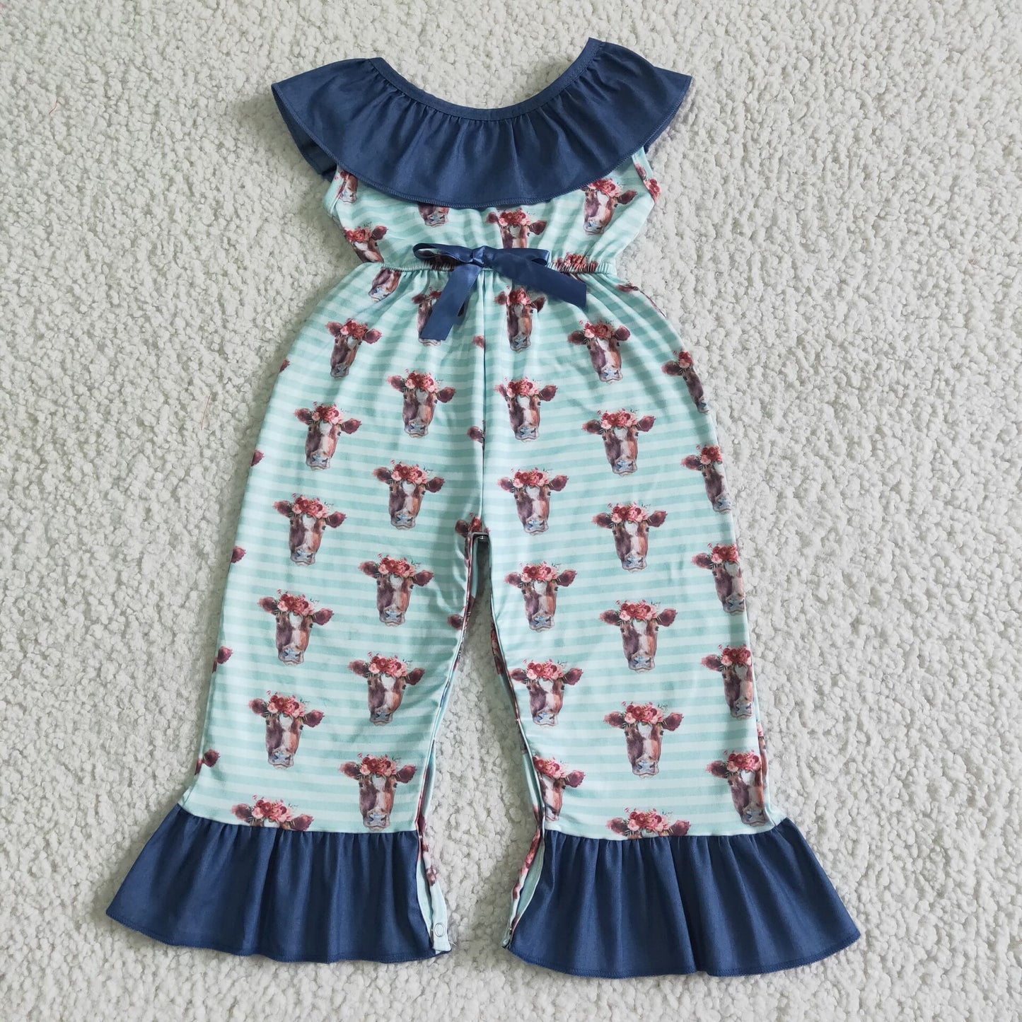 Ruffle collar backless cow print jumpsuit baby girls jumper