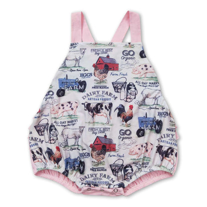 Pink cow chicken pig ruffle baby farm romper
