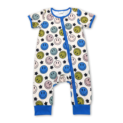 Short sleeves blue smile baby boy zipper romper