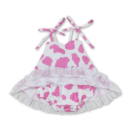 Pink cow straps baby girls summer romper
