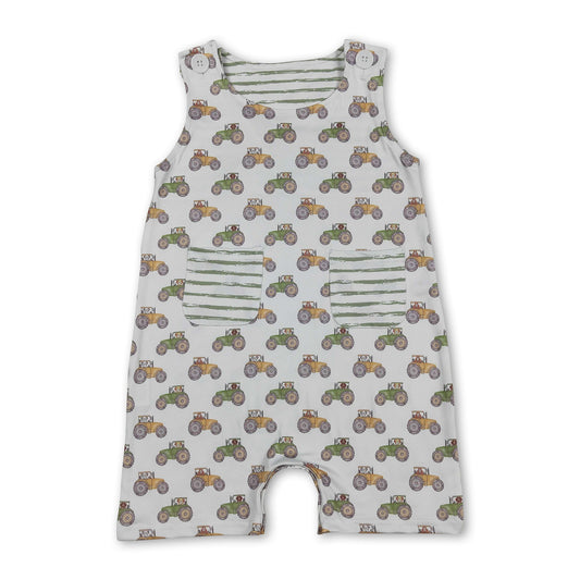 Sleeveless Tractor Stripe Pocket Baby Boy Romper