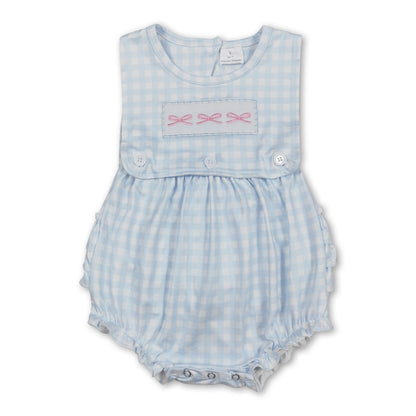 Sleeveless bow embroidery plaid ruffle baby girls romper