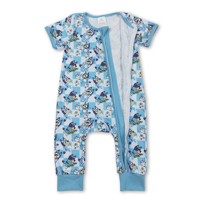 Blue short sleeves plaid dog baby kids zipper romper