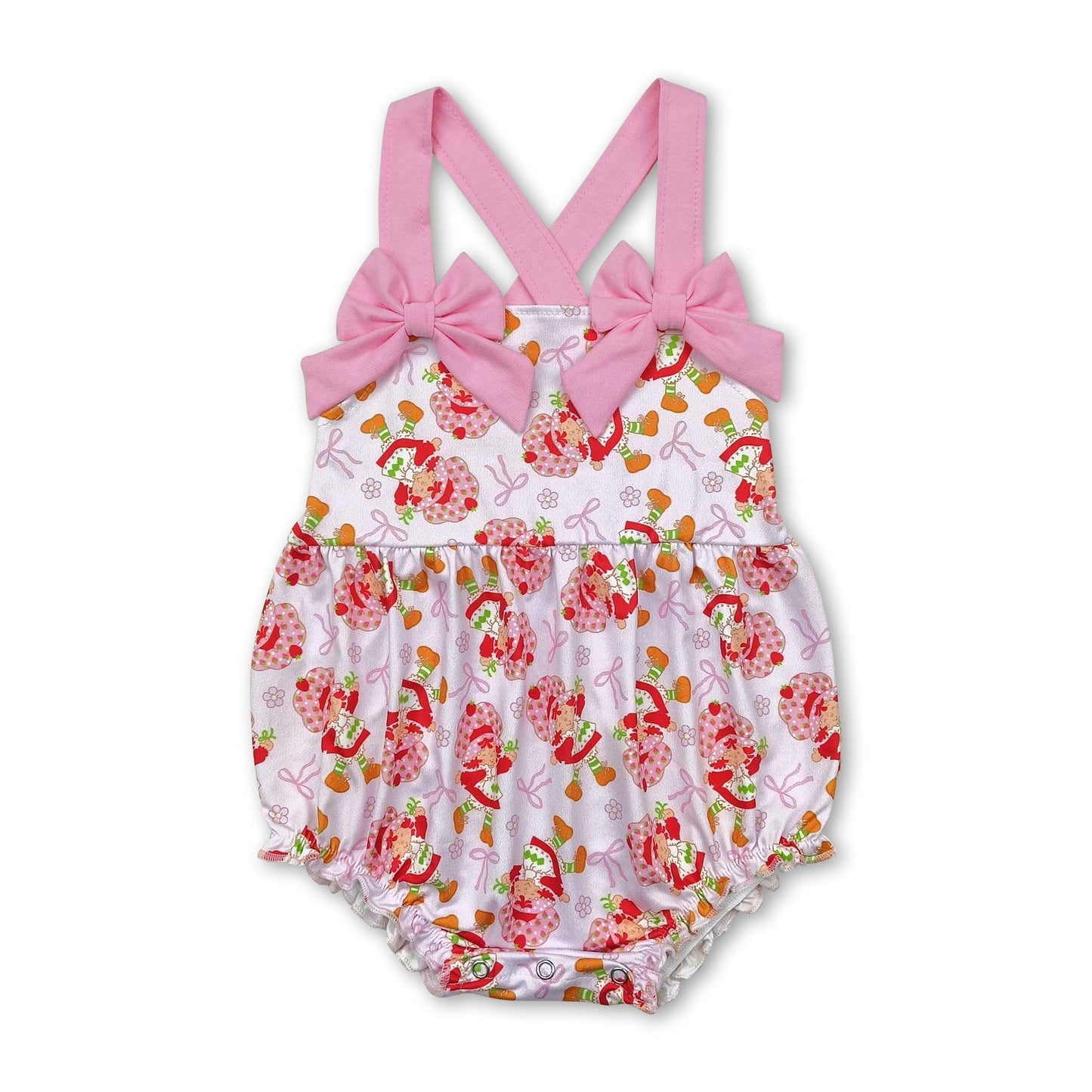 Pink straps strawberry bow baby girls summer romper