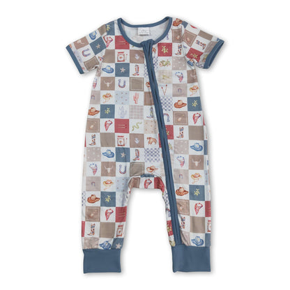 Short sleeves plaid cactus bull skull boy zipper romper
